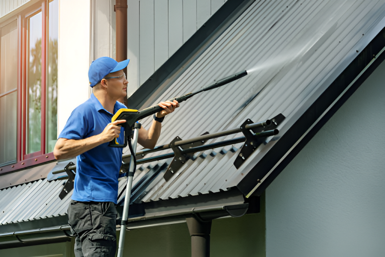 man cleaning a metal roof using a pressure washer