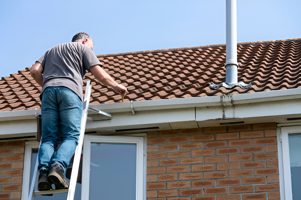 man on a ladder cleaning a metal roof